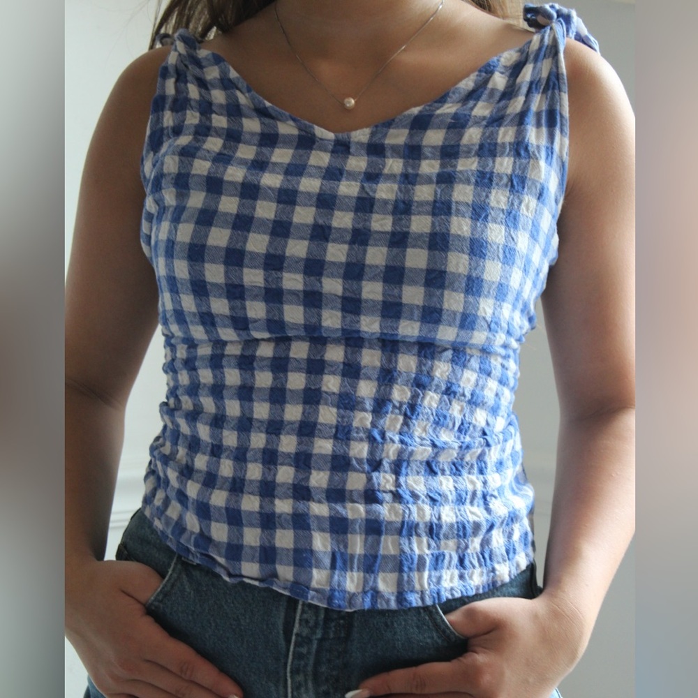 Blue Checkered Sleeveless Top